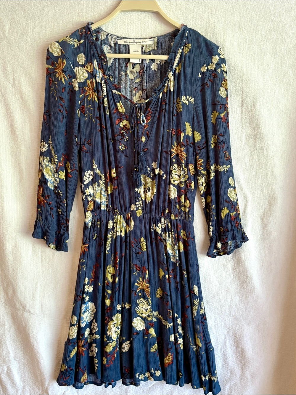 American Rag Navy Floral Tie-Neck Dress Elastic Waist Three-Quarter Sleeve S